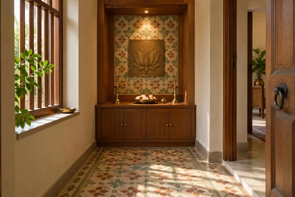 AI-generated puja room design concept: window-side niche, chettinad tile direction