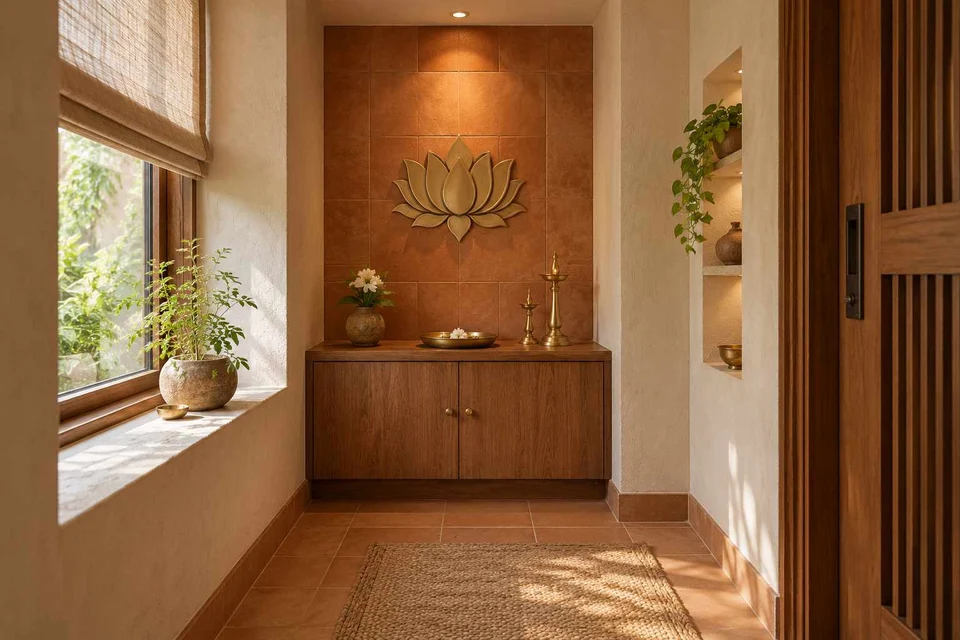 AI-generated puja room design concept: window-side niche, clay artisan direction