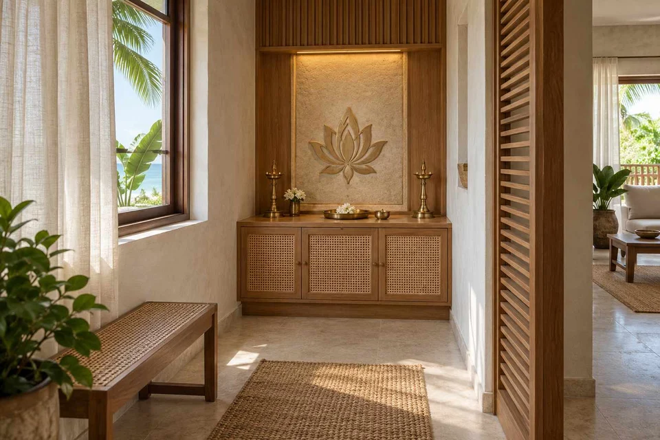 AI-generated puja room design concept: window-side niche, coastal woven direction