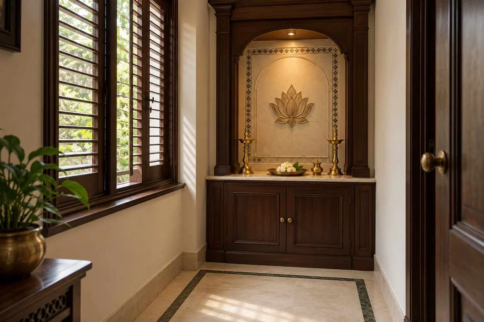 AI-generated puja room design concept: window-side niche, colonial quiet direction