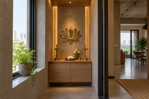AI-generated puja room design concept: window-side niche, concrete and oak direction