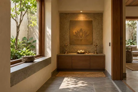 AI-generated puja room design concept: window-side niche, courtyard modern direction