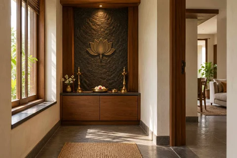 AI-generated puja room design concept: window-side niche, deccan stone direction