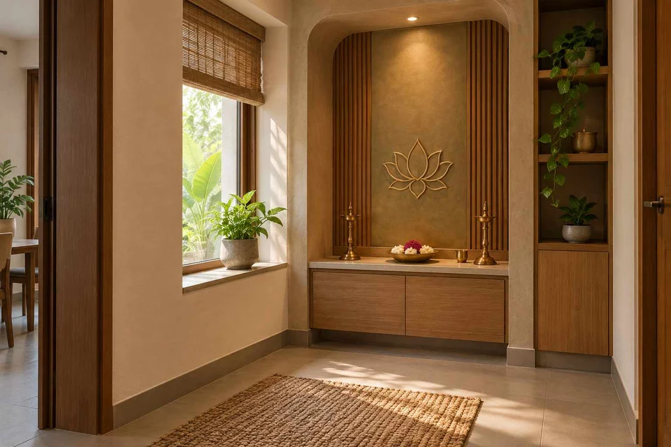 AI-generated puja room design concept: window-side niche, earth and bamboo direction