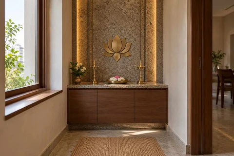 AI-generated puja room design concept: window-side niche, granite precision direction