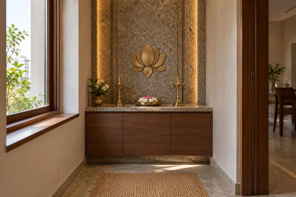 AI-generated puja room design concept: window-side niche, granite precision direction