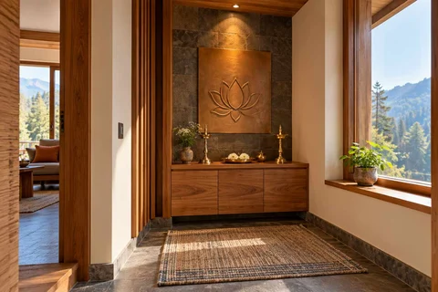 AI-generated puja room design concept: window-side niche, hill timber direction
