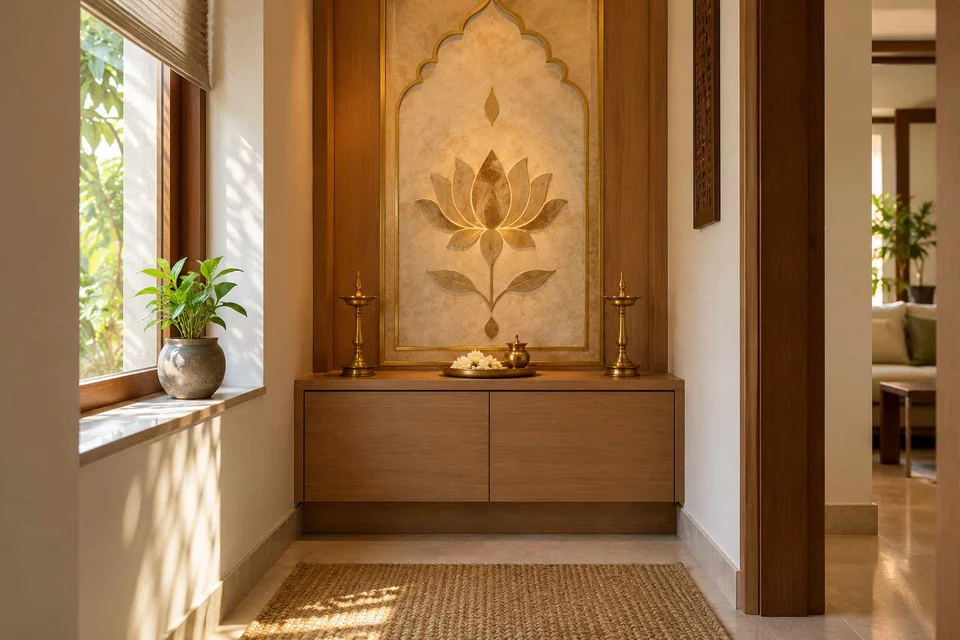 AI-generated puja room design concept: window-side niche, inlay atelier direction