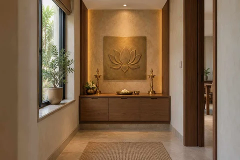 AI-generated puja room design concept: window-side niche, lime and walnut direction