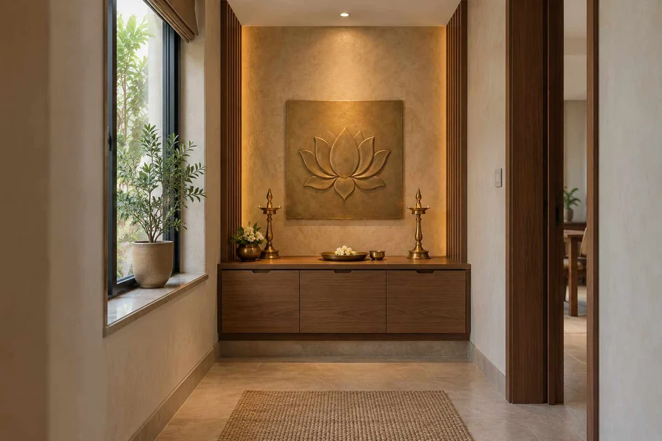 AI-generated puja room design concept: window-side niche, lime and walnut direction