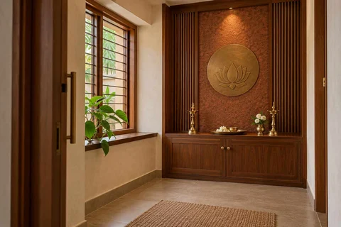 AI-generated puja room design concept: window-side niche, malabar timber direction