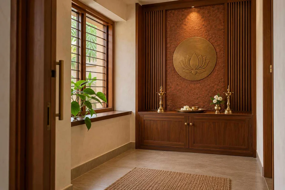AI-generated puja room design concept: window-side niche, malabar timber direction