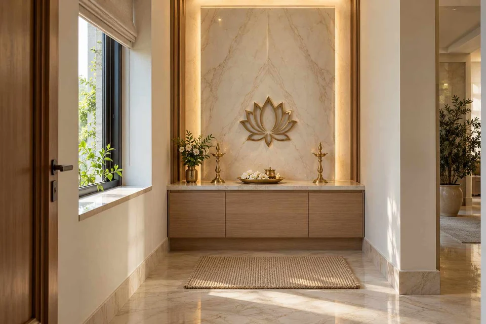 AI-generated puja room design concept: window-side niche, marble restraint direction