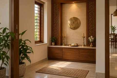AI-generated puja room design concept: window-side niche, modern carved direction