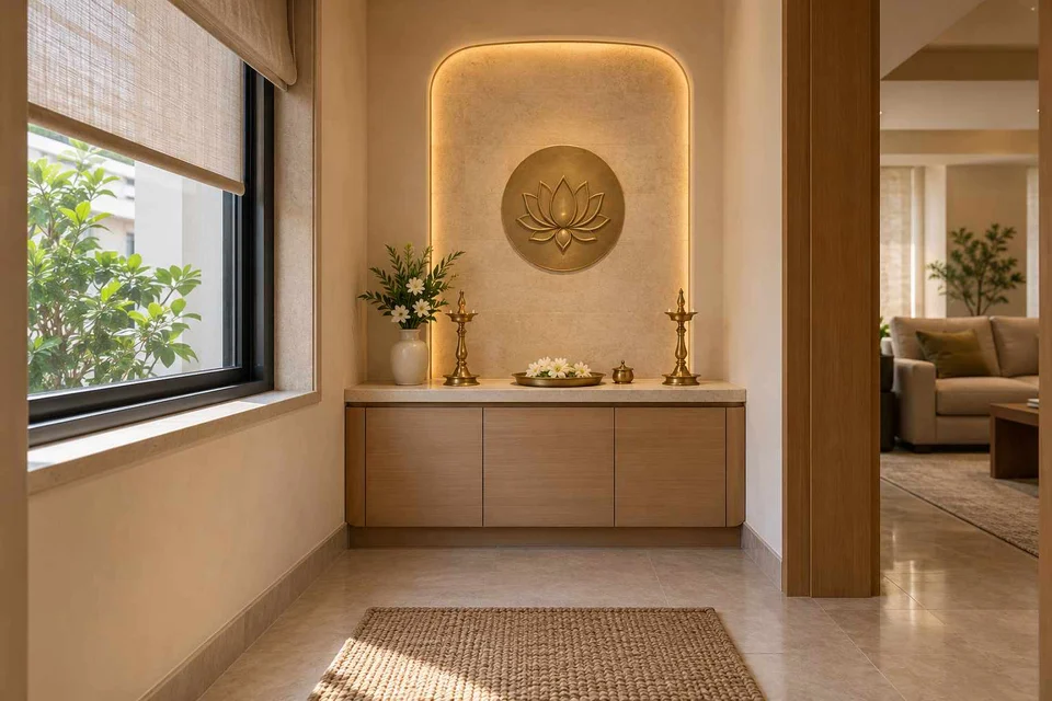 AI-generated puja room design concept: window-side niche, quiet contemporary direction