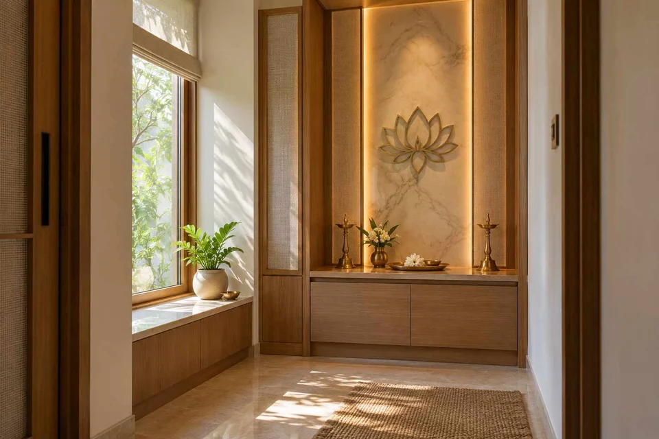 AI-generated puja room design concept: window-side niche, quiet transitional direction