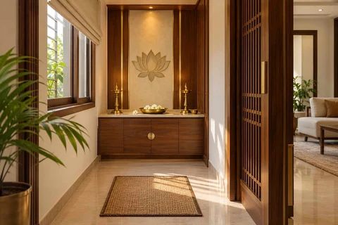 AI-generated puja room design concept: window-side niche, rosewood brass direction