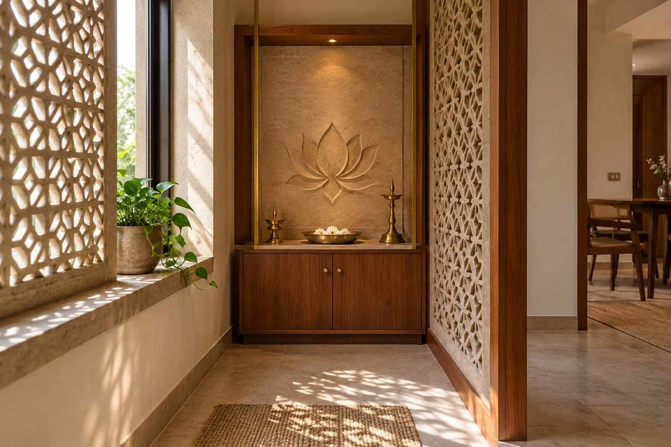 AI-generated puja room design concept: window-side niche, sandstone lattice direction