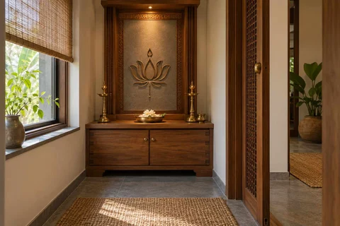 AI-generated puja room design concept: window-side niche, teak craft direction