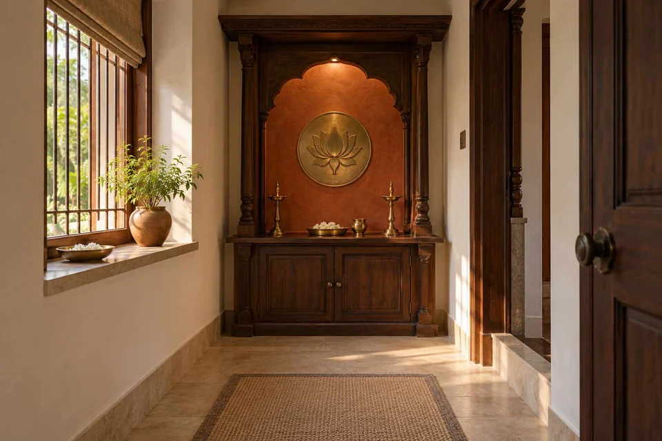 AI-generated puja room design concept: window-side niche, terracotta heritage direction
