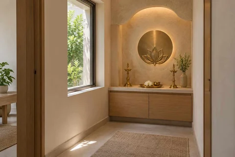 AI-generated puja room design concept: window-side niche, textured mineral direction