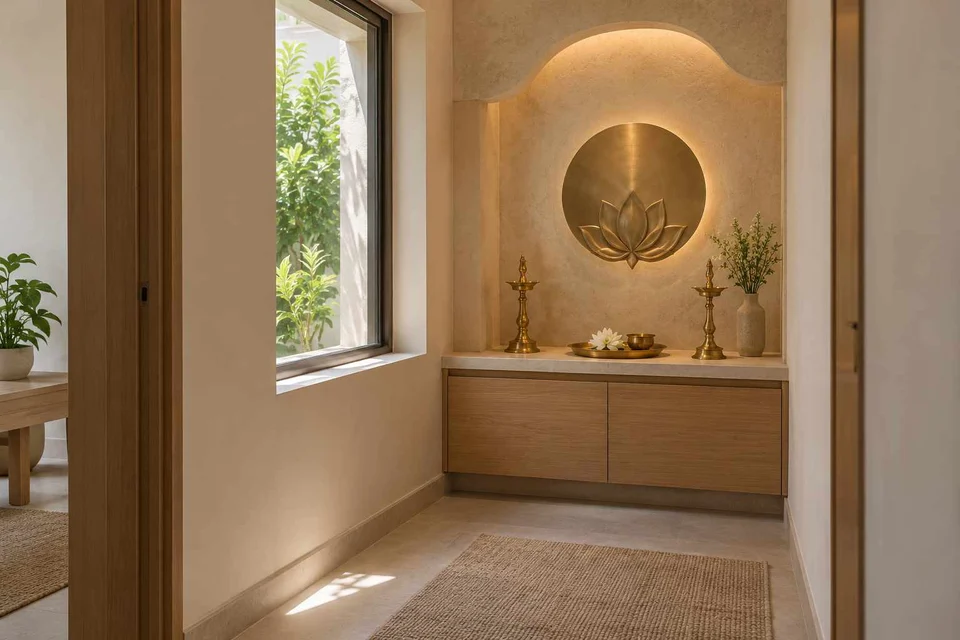 AI-generated puja room design concept: window-side niche, textured mineral direction
