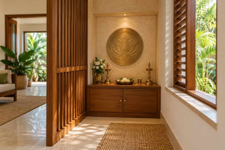 AI-generated puja room design concept: window-side niche, tropical slatted direction