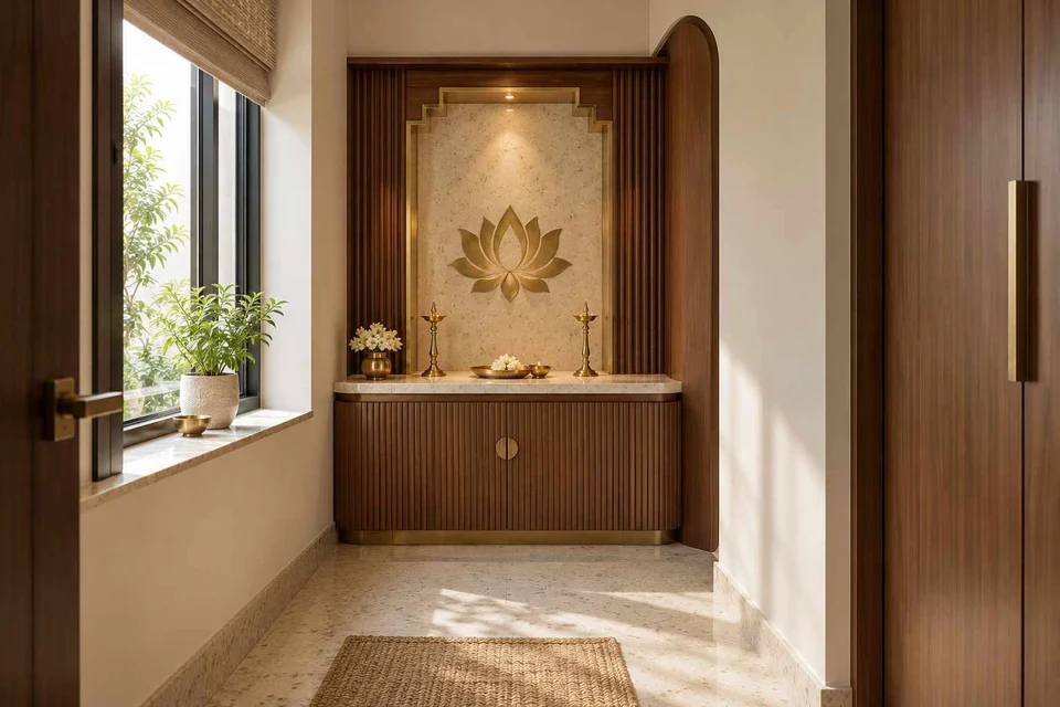 AI-generated puja room design concept: window-side niche, urban deco direction