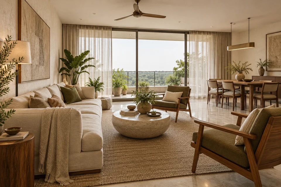 AI concept of a warm contemporary apartment living and dining room with walnut furniture, cream upholstery and balcony glazing