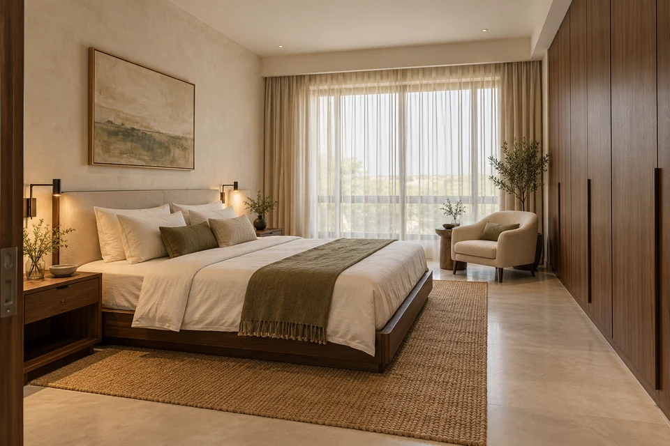 AI bedroom concept with walnut wardrobes, an upholstered bed, olive textiles and a reading chair